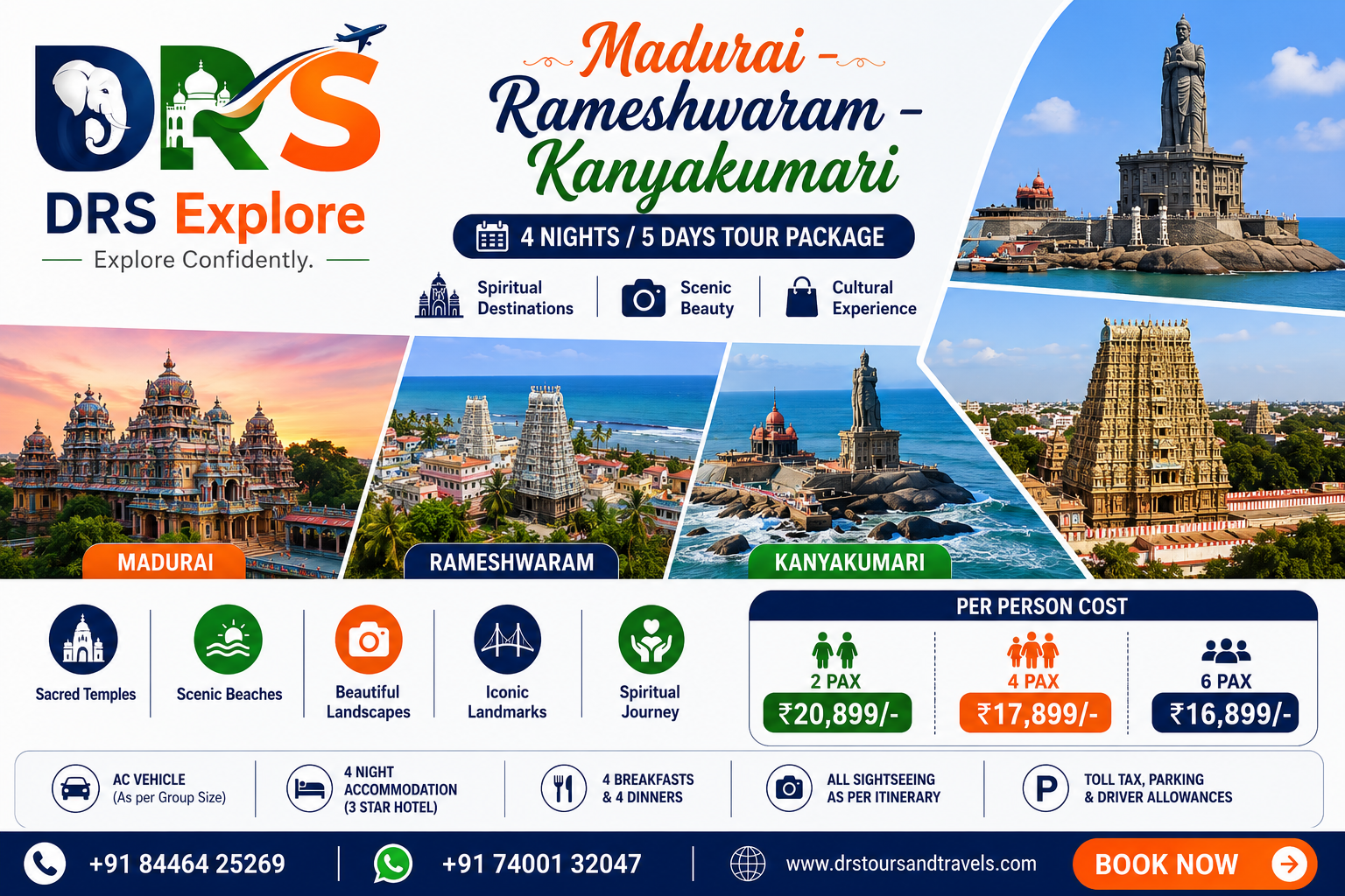 Madurai – Rameshwaram – Kanyakumari Tour Package | 4 Nights / 5 Days